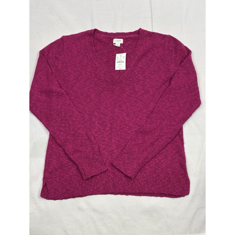 NWT J Crew Long Sleeve V Neck Slub Sweater Fuchsia Cotton Blend Size M Preppy